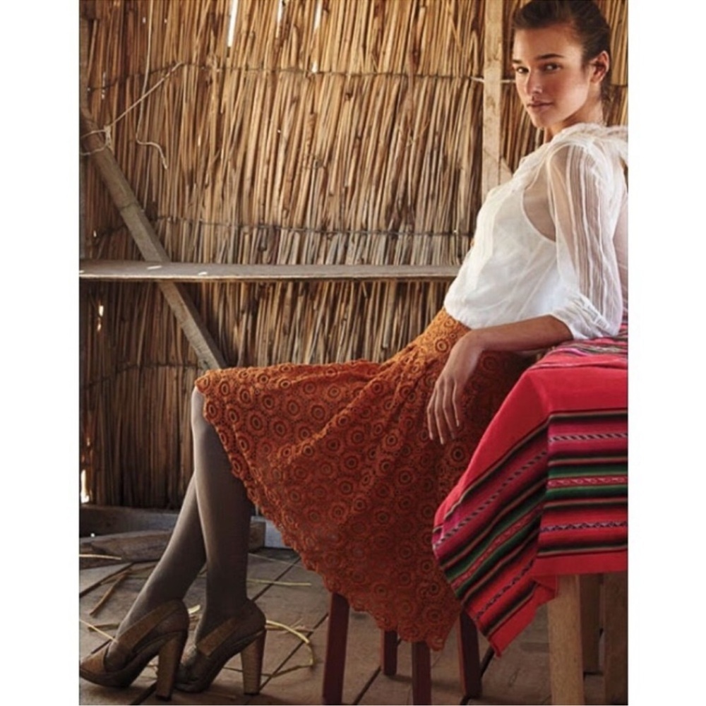 Anthropologie Moulinette Soeurs | Tuberose Orange Lace Pleated Circle Skirt